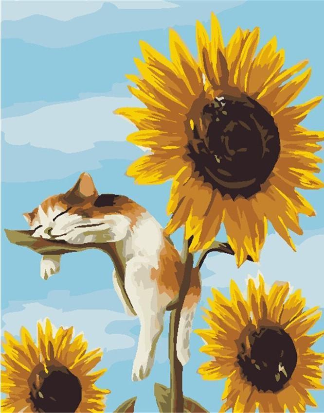 Cat Sleeping on Sunflower numbered canvas before painting