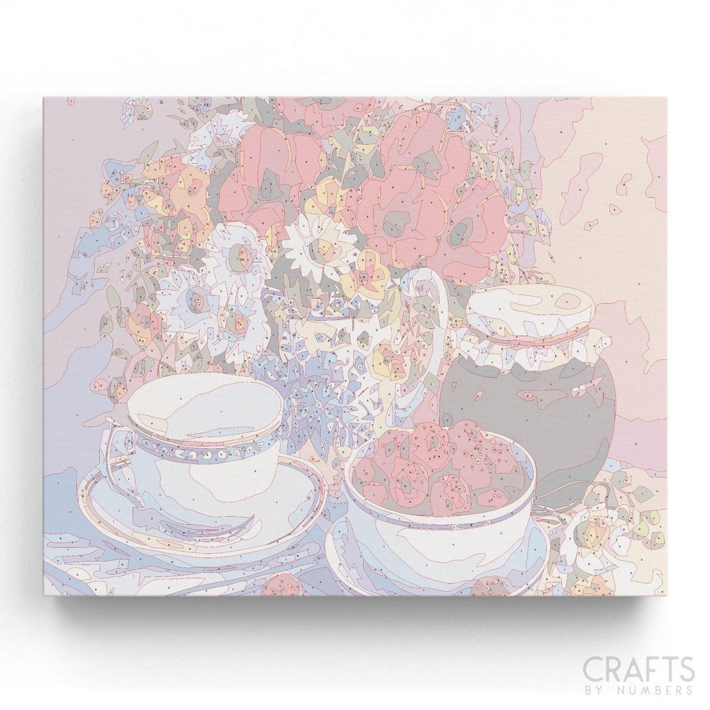 Cup Set With Decorative Flowers - Crafty By Numbers - Paint by Numbers - Paint by Numbers for Adults - Painting - Canvas - Custom Paint by Numbers