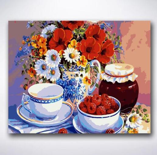 Cup Set With Decorative Flowers - Crafty By Numbers - Paint by Numbers - Paint by Numbers for Adults - Painting - Canvas - Custom Paint by Numbers