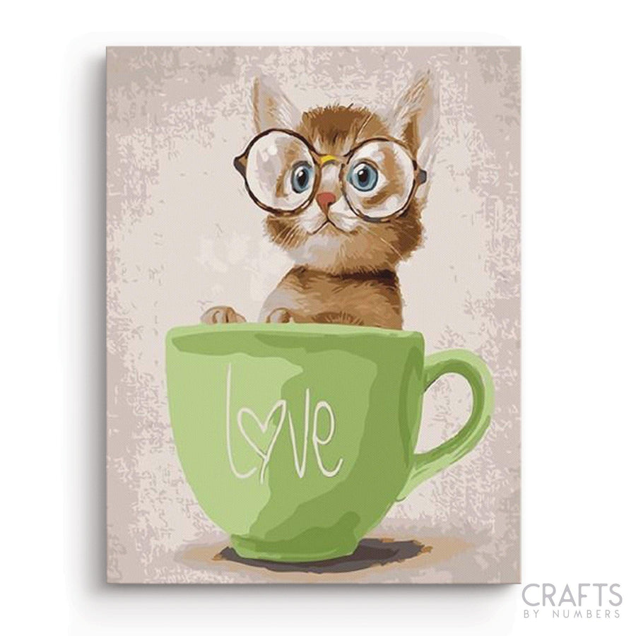 Cute Cat In Green Cup - Crafty By Numbers - Paint by Numbers - Paint by Numbers for Adults - Painting - Canvas - Custom Paint by Numbers