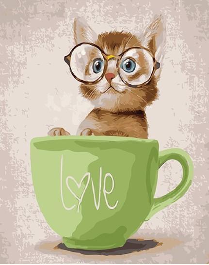 Cute Cat In Green Cup - Crafty By Numbers - Paint by Numbers - Paint by Numbers for Adults - Painting - Canvas - Custom Paint by Numbers