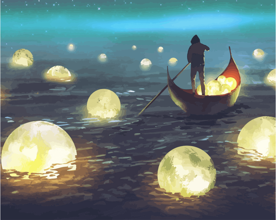 Man Rowing Among Glowing Moons numbered canvas ready for painting
