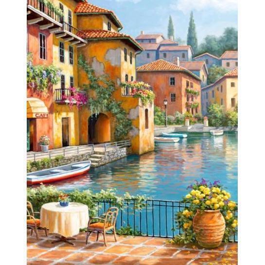 Finished Mediterranean Harbor painting displayed as wall art