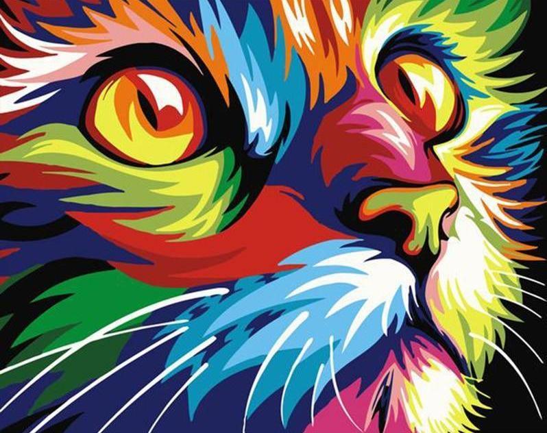 Bold feline portrait with turquoise eyes and multicolor brushwork