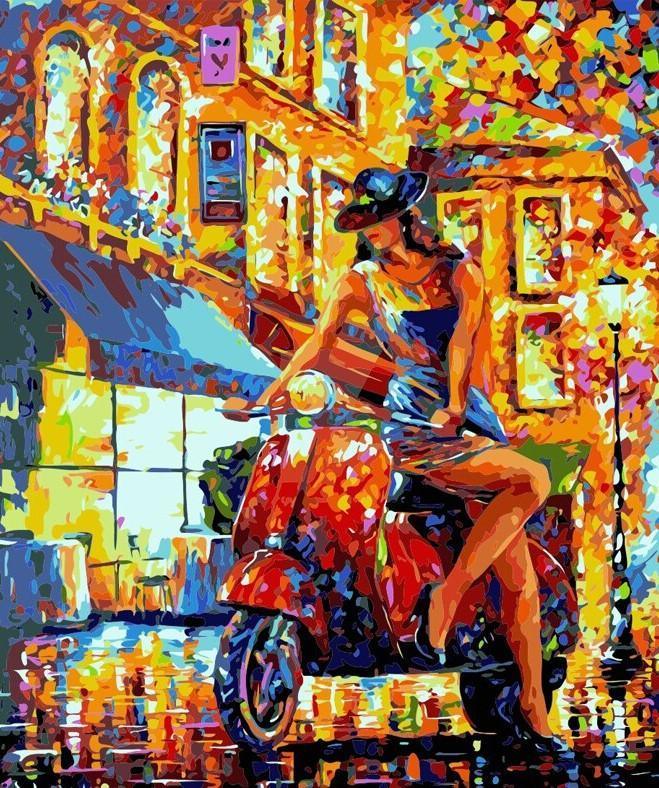 Women on Scooter in Italy numbered canvas before painting