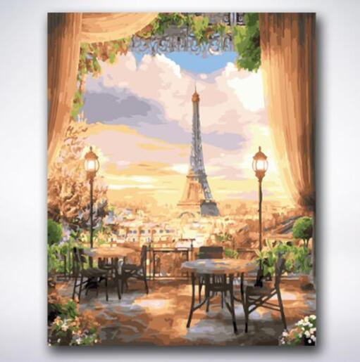 Eiffel Café Sunset numbered canvas before painting
