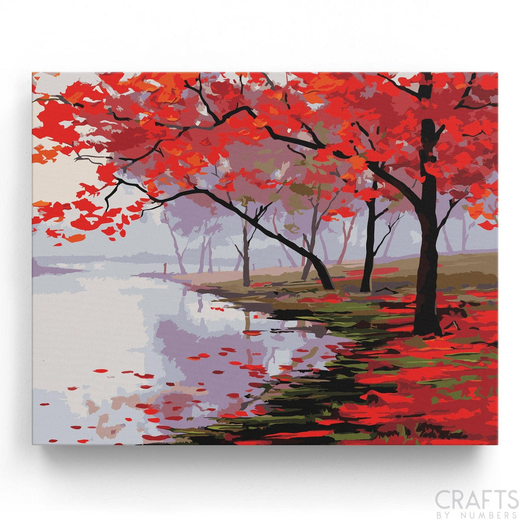 Red Flowers Lake View - Crafty By Numbers - Paint by Numbers - Paint by Numbers for Adults - Painting - Canvas - Custom Paint by Numbers