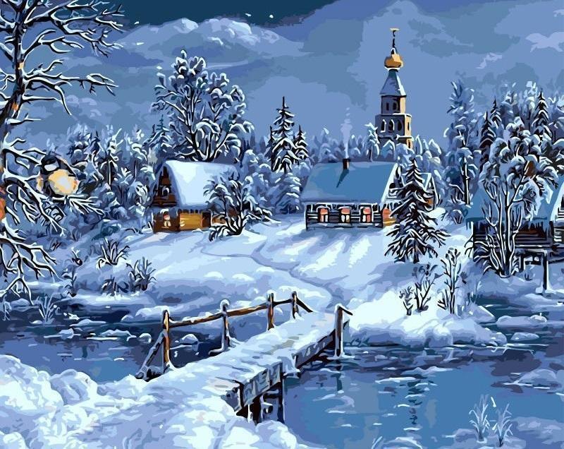 Snowy Night Scenery numbered canvas before painting