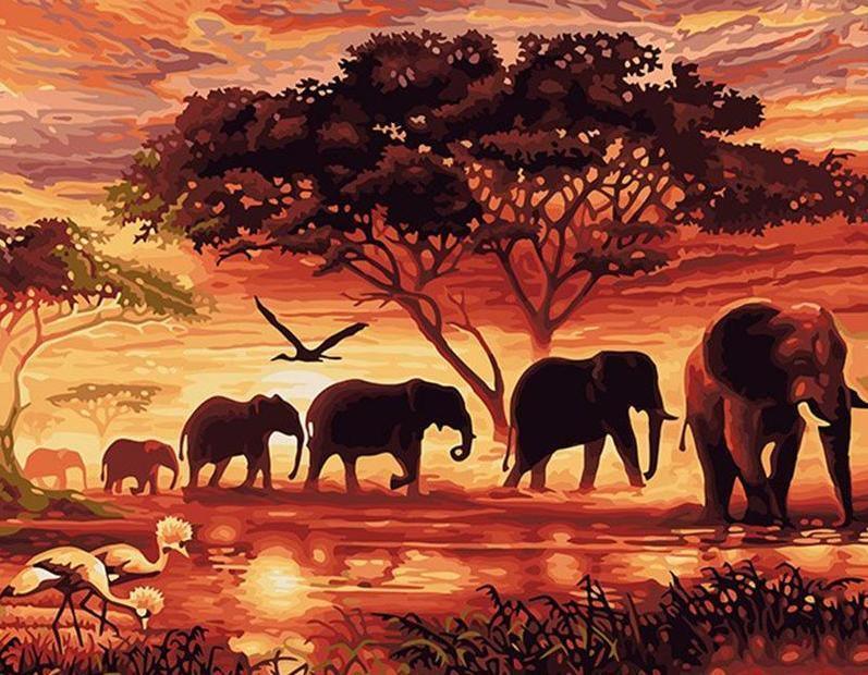 Elefantes al atardecer - Crafty By Numbers - Pintura por números - Pintura por números para adultos - Pintura - Lienzo - Pintura personalizada por números