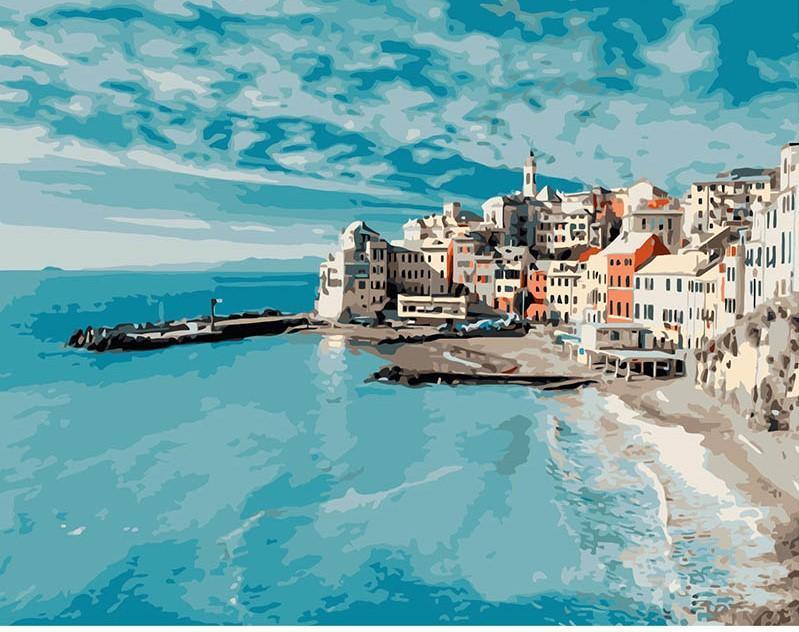 Die blaue Ozeanstadt Italiens – Crafty By Numbers – Malen nach Zahlen – Malen nach Zahlen für Erwachsene – Gemälde – Leinwand – individuelles Malen nach Zahlen