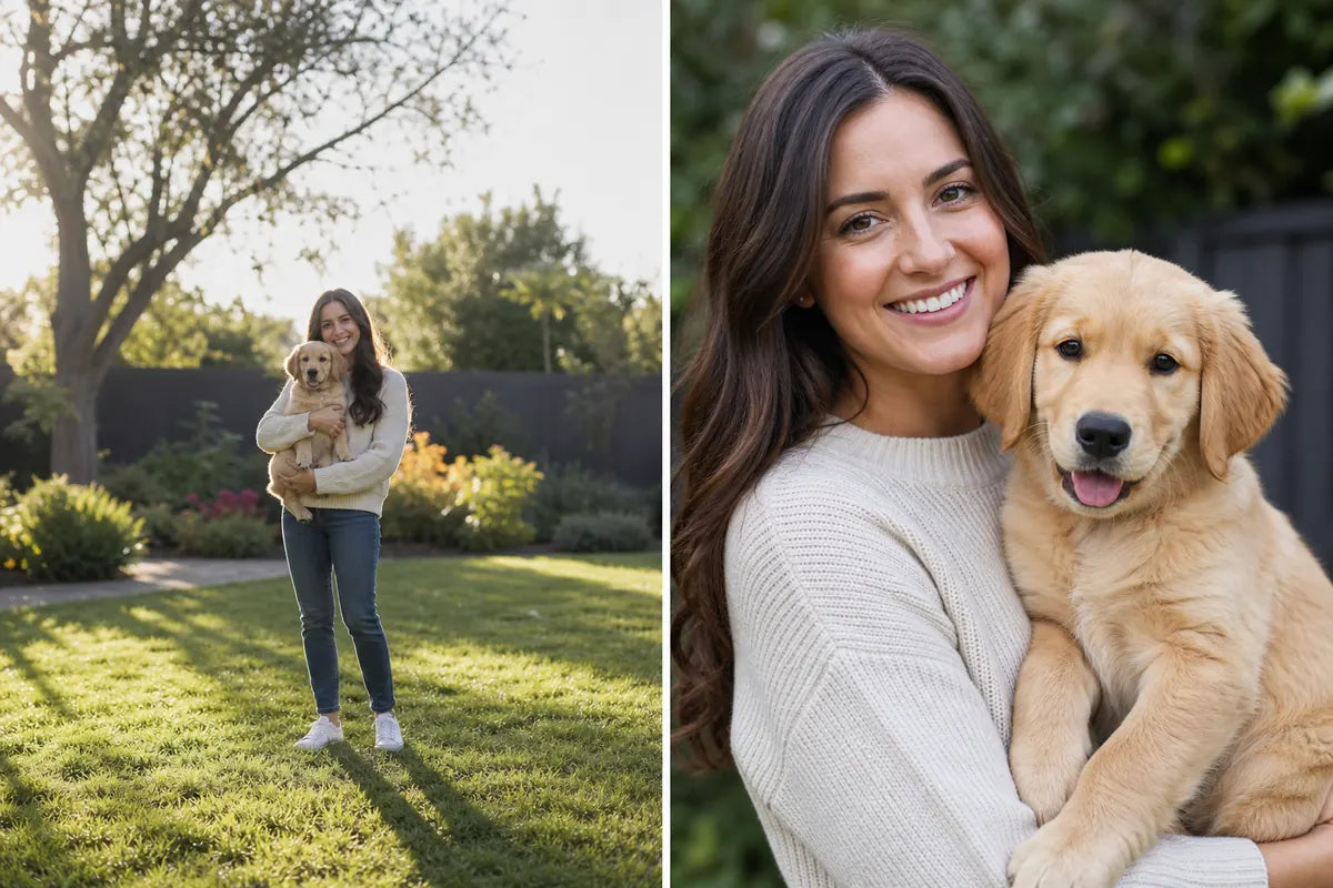 The same woman and dog photographed from far away in strong backlight, then close up in clear, even light
